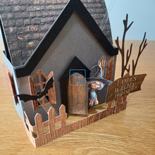 Load image into Gallery viewer, Haunted Halloween house card with ghosts and bats