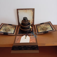 Load image into Gallery viewer, Steampunk Exploding Box Card with Hat and Celebration Cake