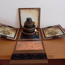 Load image into Gallery viewer, Steampunk Exploding Box Card with Hat and Celebration Cake