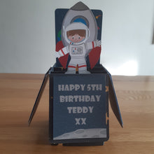 Load image into Gallery viewer, Space themed pop up box card with a rocket and astronaut