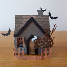 Load image into Gallery viewer, Haunted Halloween house card with ghosts and bats