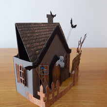 Load image into Gallery viewer, Haunted Halloween house card with ghosts and bats