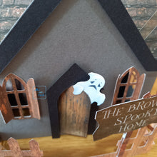 Load image into Gallery viewer, Haunted Halloween house card with ghosts and bats