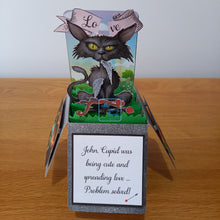 Load image into Gallery viewer, Funny, bad taste anti Valentine's cat & cupid pop up box card