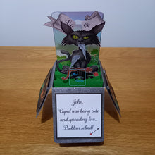 Load image into Gallery viewer, Funny, bad taste anti Valentine's cat & cupid pop up box card