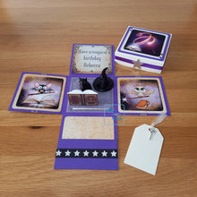 Load image into Gallery viewer, Magic wand exploding box card, with Book of Shadows, Witch's cat & hat
