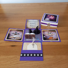 Load image into Gallery viewer, Magic wand exploding box card, with Book of Shadows, Witch's cat & hat