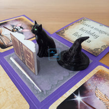 Load image into Gallery viewer, Magic wand exploding box card, with Book of Shadows, Witch's cat & hat