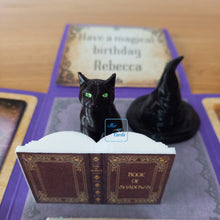 Load image into Gallery viewer, Magic wand exploding box card, with Book of Shadows, Witch's cat & hat