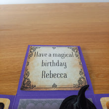 Load image into Gallery viewer, Magic wand exploding box card, with Book of Shadows, Witch's cat & hat
