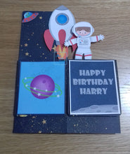 Load image into Gallery viewer, Space themed pop up box card with a rocket and astronaut
