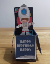 Load image into Gallery viewer, Space themed pop up box card with a rocket and astronaut
