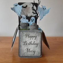 Load image into Gallery viewer, pop up box card with ghosts and gravestones