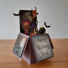 Load image into Gallery viewer, Witch, cat and cauldron pop up box card