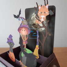Load image into Gallery viewer, Witch, cat and cauldron pop up box card