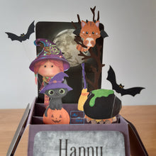 Load image into Gallery viewer, Witch, cat and cauldron pop up box card