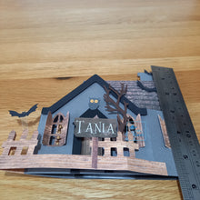 Load image into Gallery viewer, Haunted Halloween house card with ghosts and bats