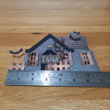 Load image into Gallery viewer, Haunted Halloween house card with ghosts and bats