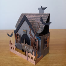 Load image into Gallery viewer, pop up box card of a haunted house with ghosts and bats