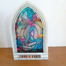 Load image into Gallery viewer, Stained glass window Dragon Bookstack
