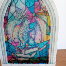 Load image into Gallery viewer, Stained glass window Dragon Bookstack
