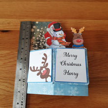 Load image into Gallery viewer, Cute Santa, reindeer and snowman Christmas pop up box card
