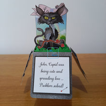Load image into Gallery viewer, Funny, bad taste anti Valentine&#39;s cat &amp; cupid pop up box card
