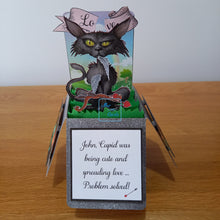 Load image into Gallery viewer, Funny, bad taste anti Valentine&#39;s cat &amp; cupid pop up box card
