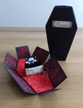 Load image into Gallery viewer, exploding box card coffin with a vampire bat inside holding a personalised placard
