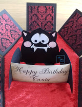 Load image into Gallery viewer, Exploding box card coffin with vampire bat
