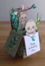 Load image into Gallery viewer, Sloth and butterfly pop up box greetings card
