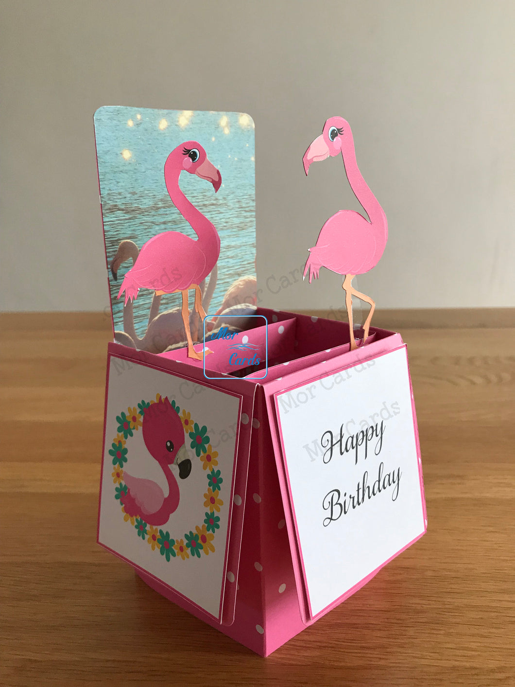 pop up box card with flamingoes