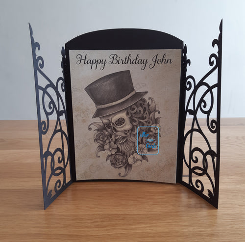 gatefold card with male skull