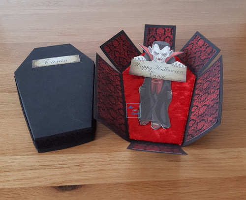 Exploding box card coffin with a vampire inside holding a personalised placard