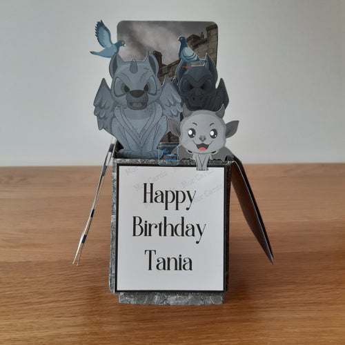 pop up box cards with gargoyles and pigeons