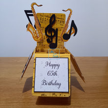 Load image into Gallery viewer, pop up box card with music notes and saxophones
